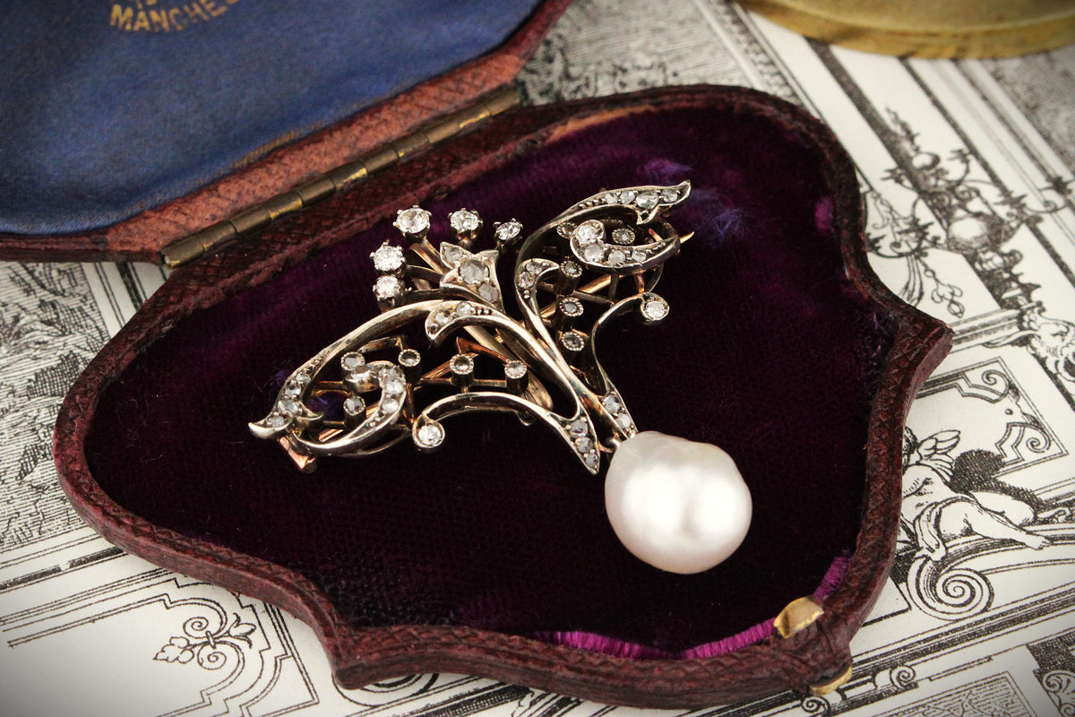 VICTORIAN c1880 DIAMOND &amp; PEARL BROOCH/PENDANT 9ct ROSE GOLD &amp; SILVER