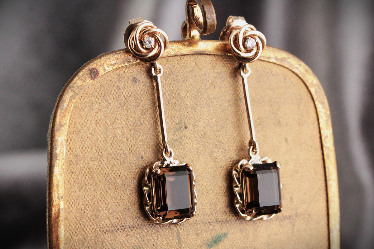 VINTAGE DIAMOND & SMOKY QUARTZ EARRINGS 14 & 9ct GOLD