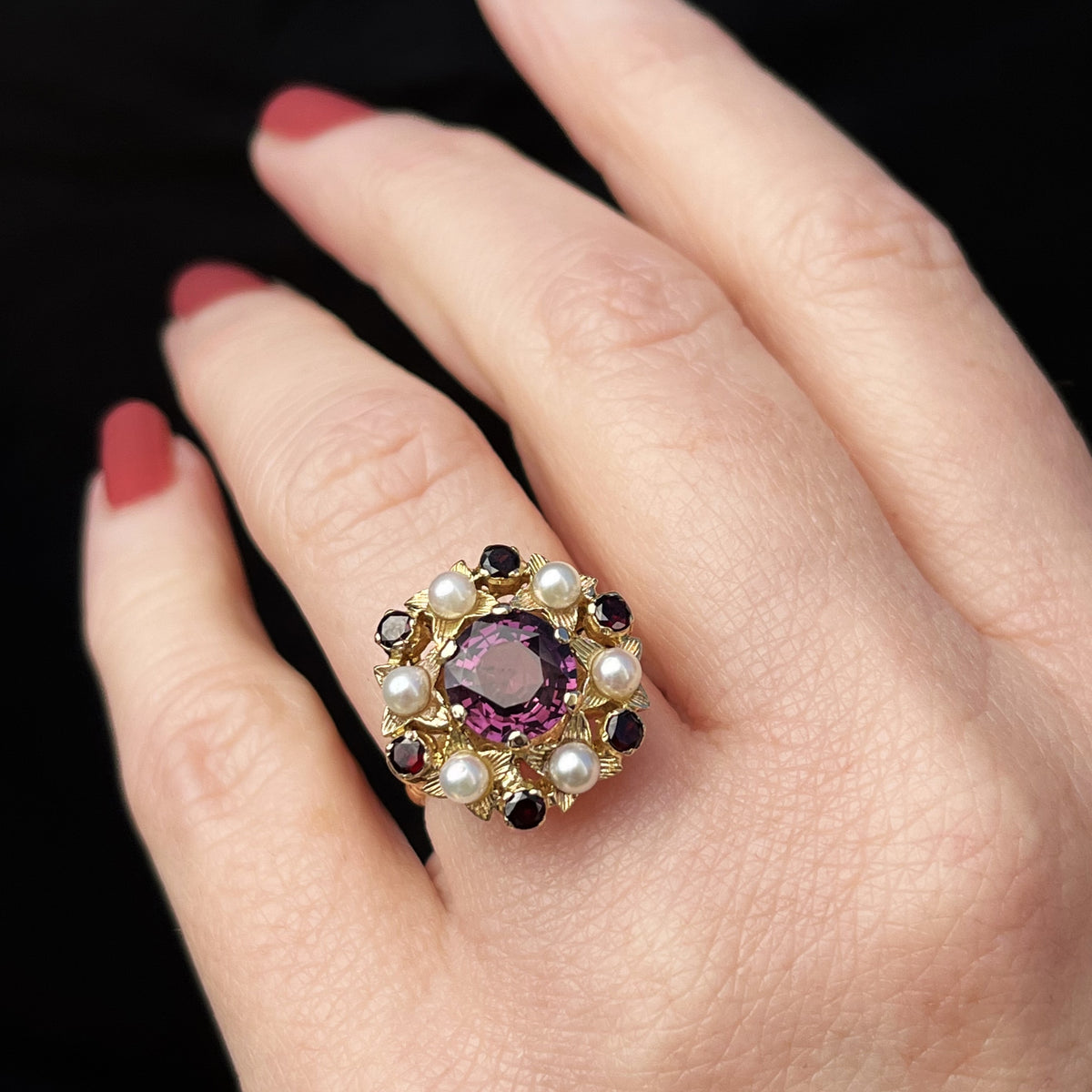 MID CENTURY c1960 TOURMALINE GARNET &amp; SEED PEARL RING 9ct GOLD