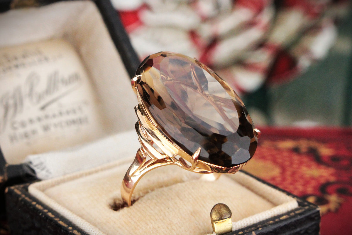 VINTAGE 22ct SMOKY QUARTZ COCKTAIL RING 14ct GOLD