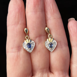 VINTAGE ESTATE SAPPHIRE & DIAMOND EARRINGS 9ct GOLD