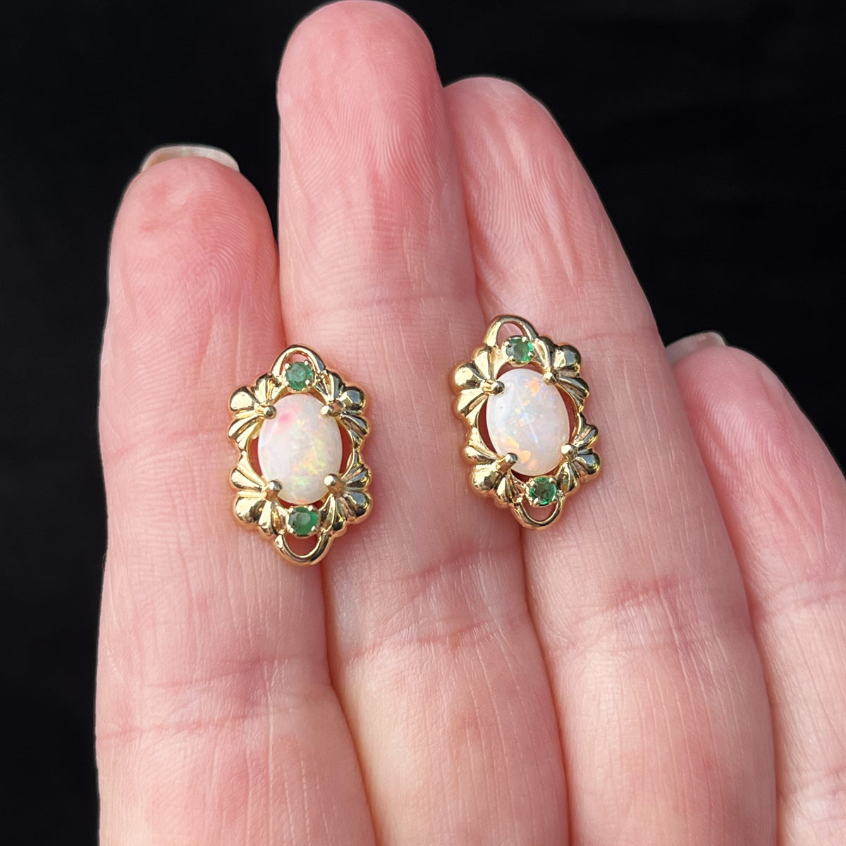RETRO SOLID OPAL &amp; EMERALD EARRINGS 14ct GOLD