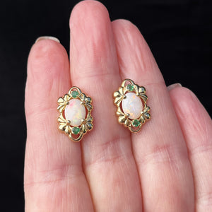 RETRO SOLID OPAL & EMERALD EARRINGS 14ct GOLD