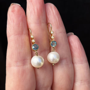 VINTAGE ESTATE TOPAZ & PEARL EARRINGS 14ct GOLD