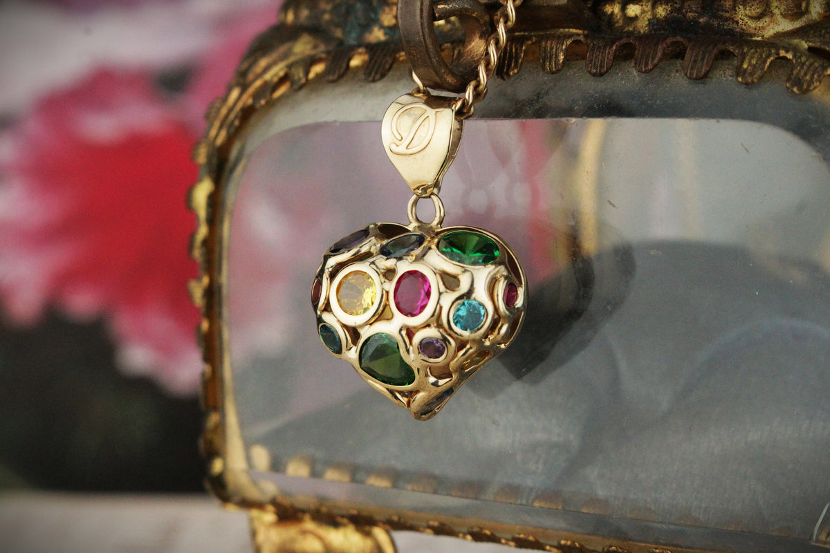 VINTAGE ITALIAN MULTI-GEM SET HEART PENDANT 9ct GOLD