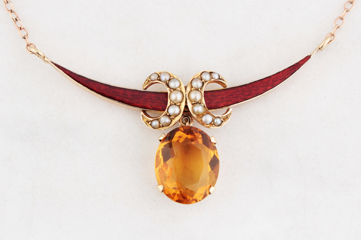 ANTIQUE SEED PEARL ENAMEL & CITRINE CRESCENT MOON NECKLACE 9ct GOLD