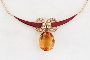 ANTIQUE SEED PEARL ENAMEL & CITRINE CRESCENT MOON NECKLACE 9ct GOLD