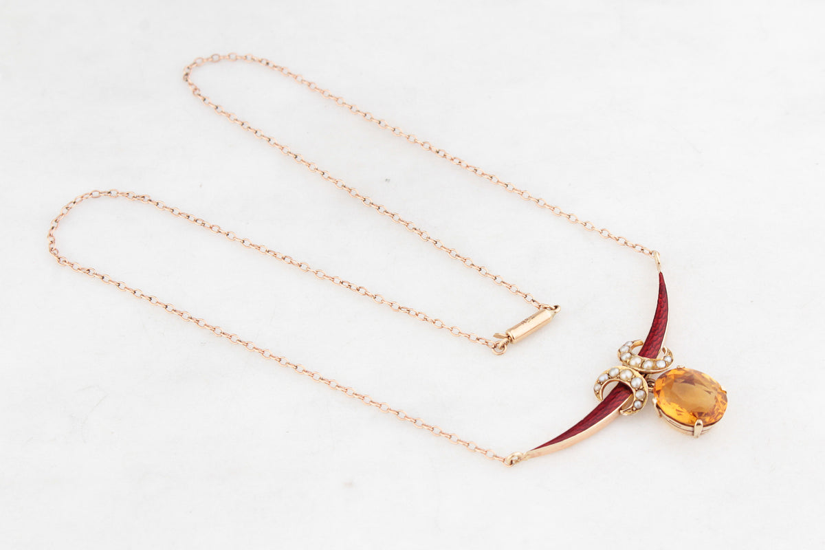ANTIQUE SEED PEARL ENAMEL & CITRINE CRESCENT MOON NECKLACE 9ct GOLD