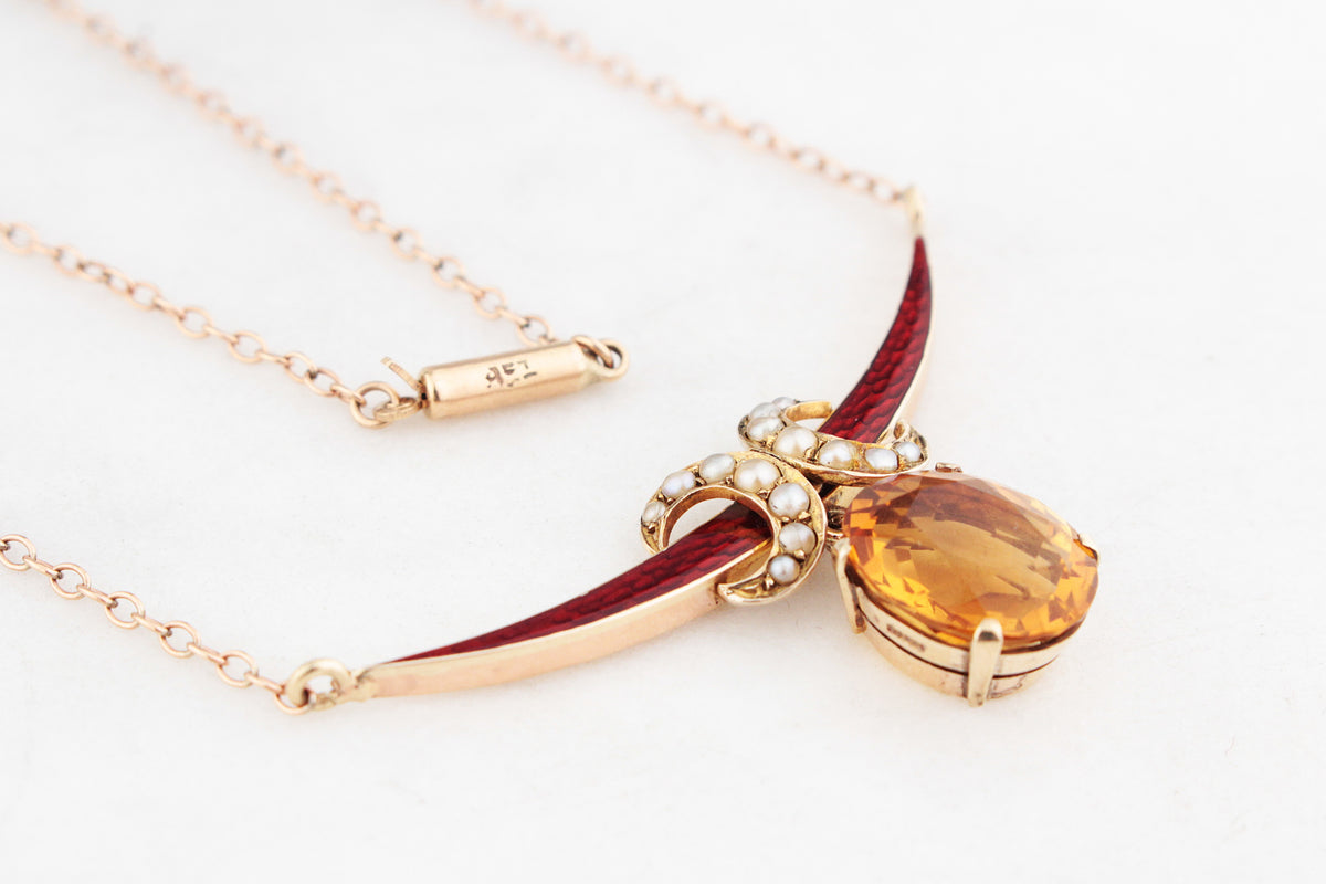 ANTIQUE SEED PEARL ENAMEL & CITRINE CRESCENT MOON NECKLACE 9ct GOLD