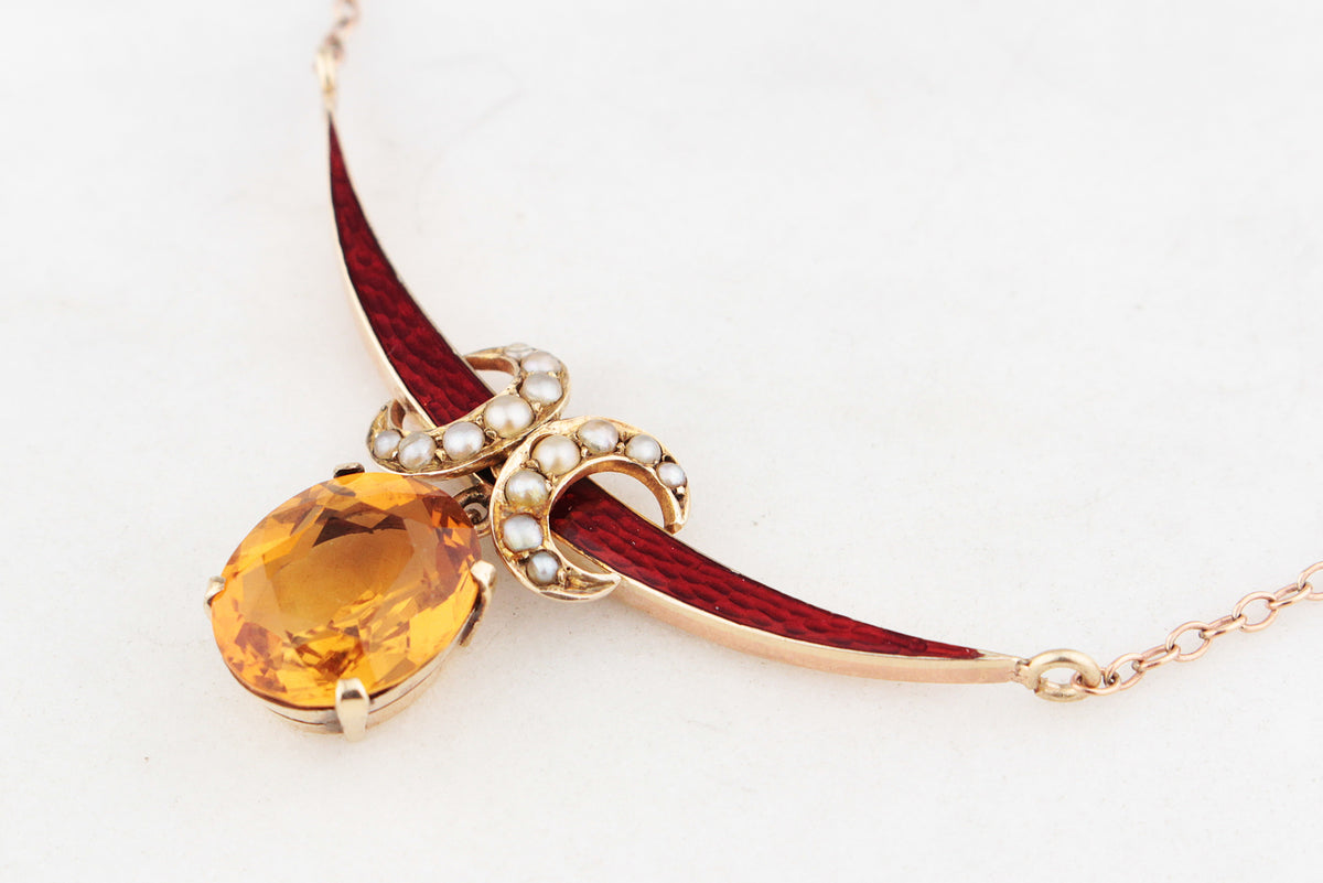 ANTIQUE SEED PEARL ENAMEL & CITRINE CRESCENT MOON NECKLACE 9ct GOLD