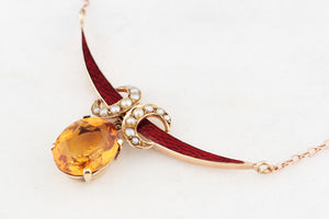 ANTIQUE SEED PEARL ENAMEL & CITRINE CRESCENT MOON NECKLACE 9ct GOLD