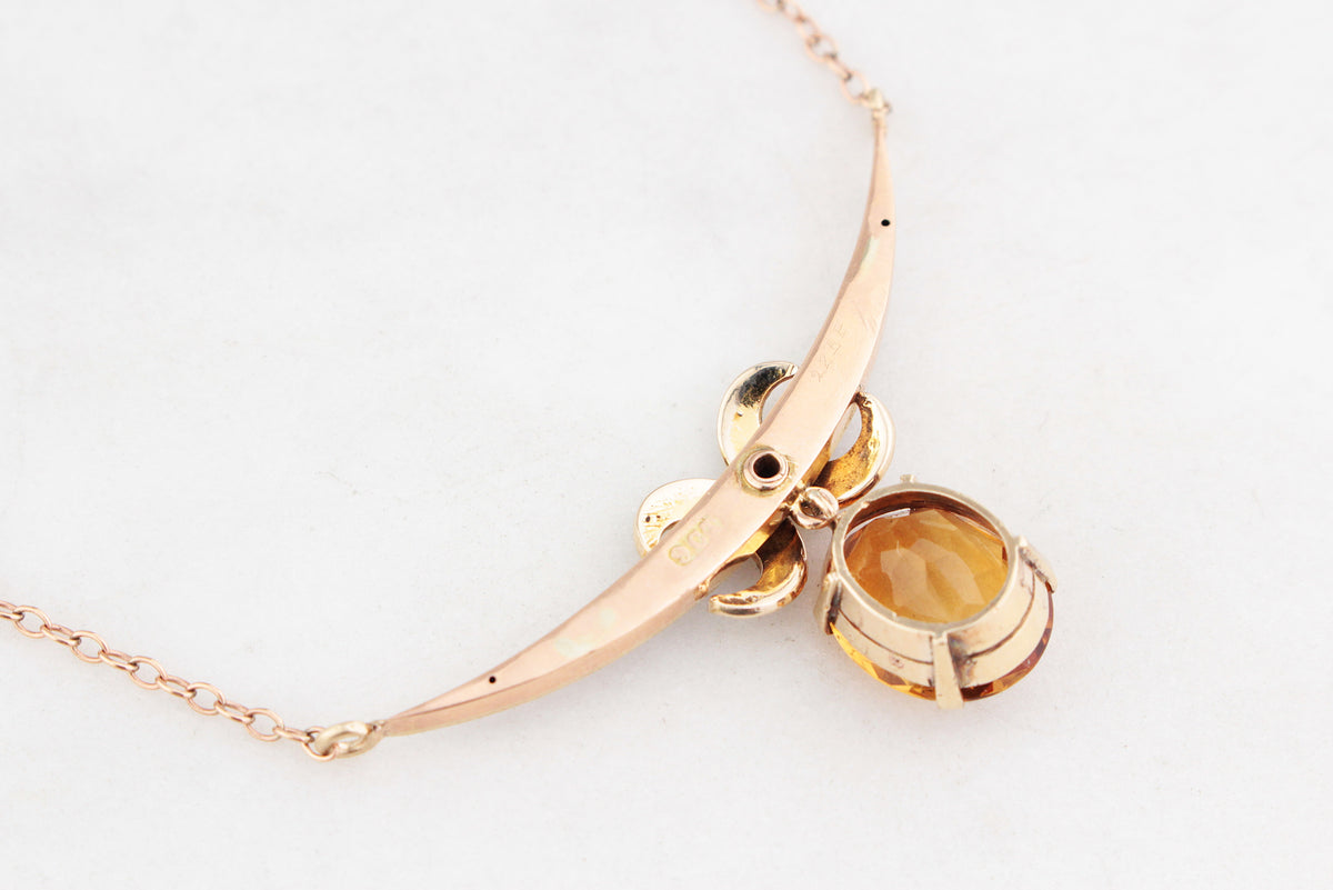 ANTIQUE SEED PEARL ENAMEL & CITRINE CRESCENT MOON NECKLACE 9ct GOLD
