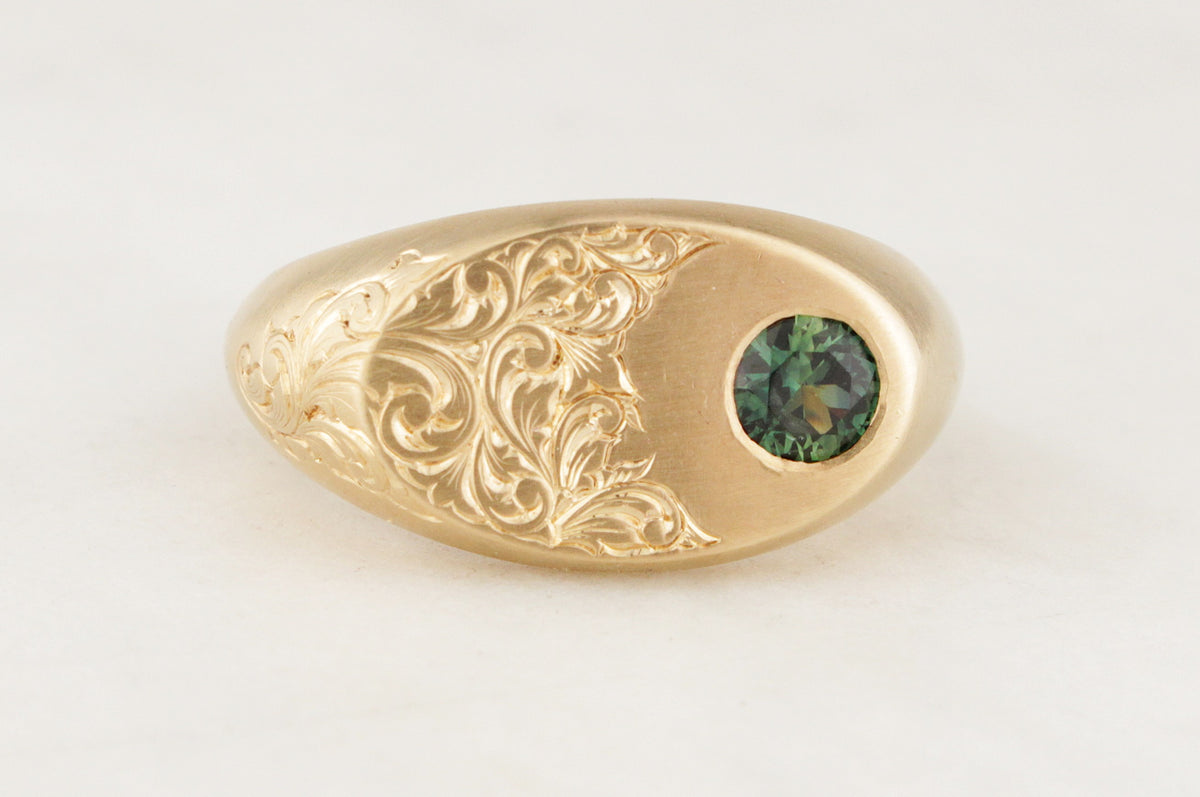 CUSTOM PARTI SAPPHIRE ETCHED SIGNET RING 9ct GOLD