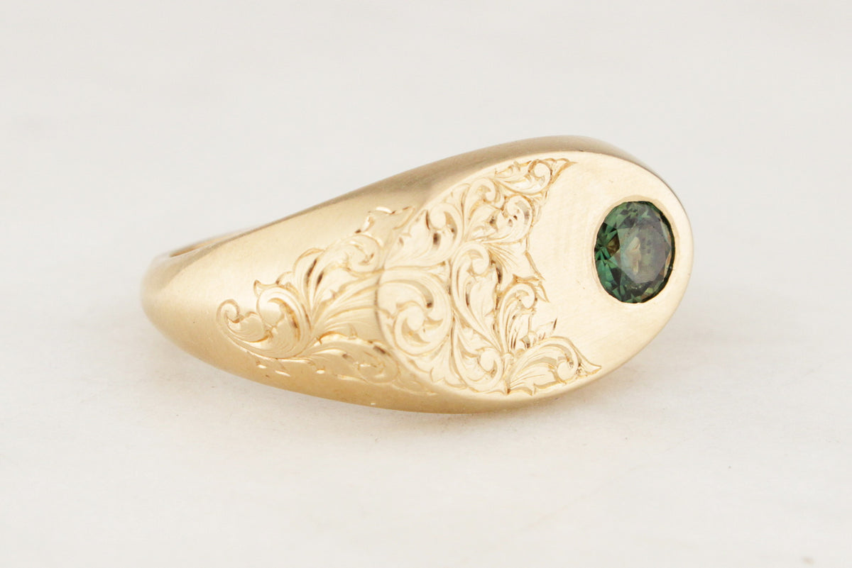 CUSTOM PARTI SAPPHIRE ETCHED SIGNET RING 9ct GOLD