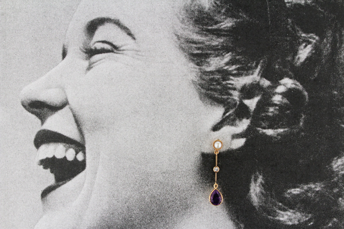 ANTIQUE EDWARDIAN PEARL, AMETHYST &amp; SPINEL EARRINGS 9CT GOLD