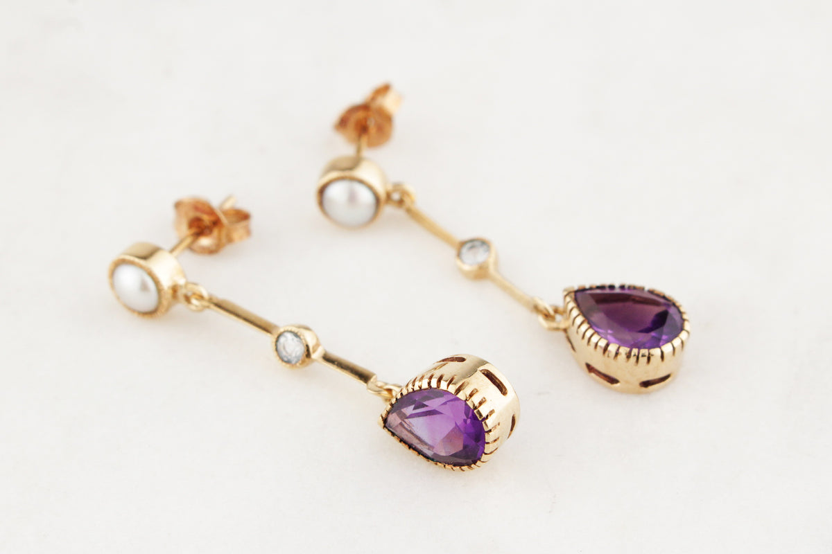 ANTIQUE EDWARDIAN PEARL, AMETHYST &amp; SPINEL EARRINGS 9CT GOLD