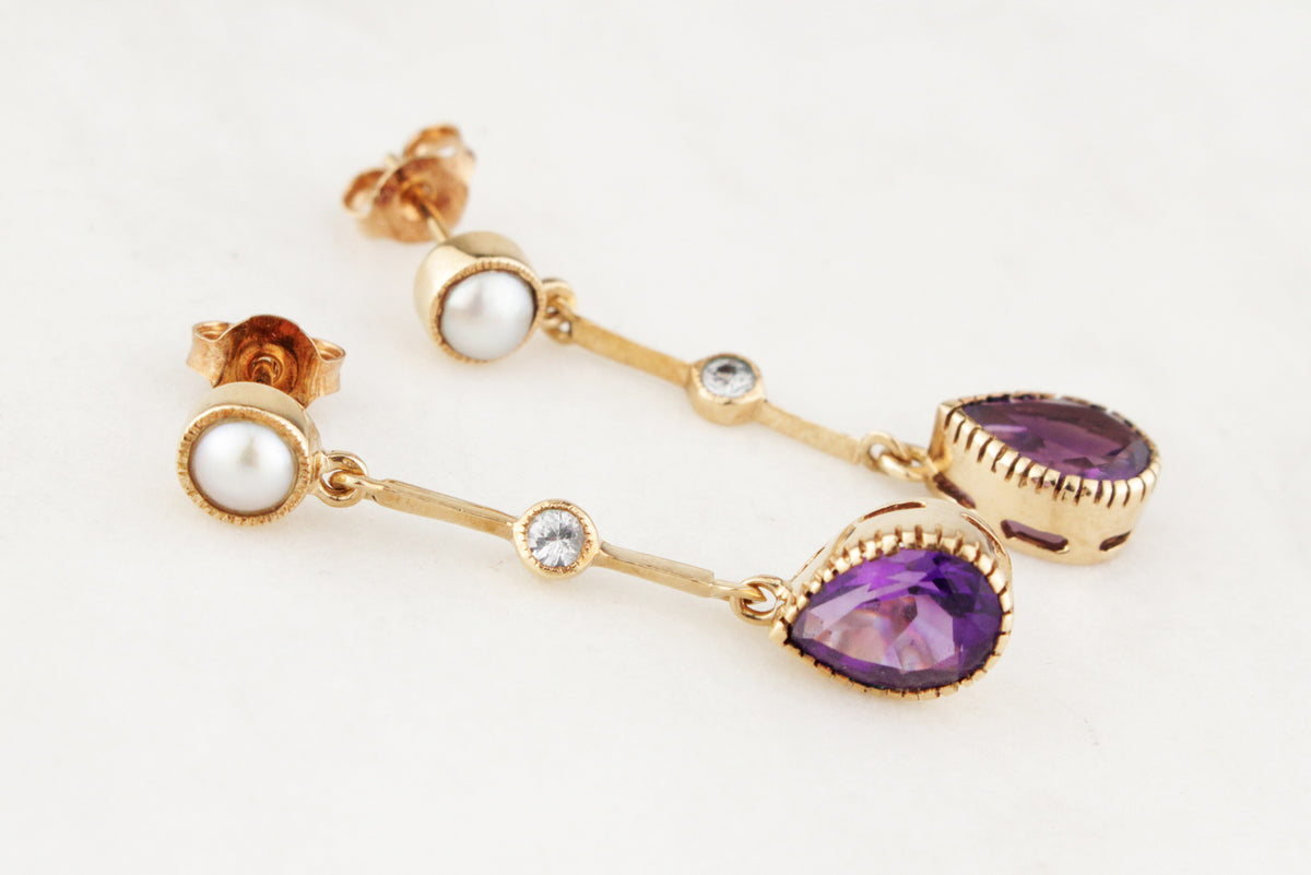 ANTIQUE EDWARDIAN PEARL, AMETHYST &amp; SPINEL EARRINGS 9CT GOLD