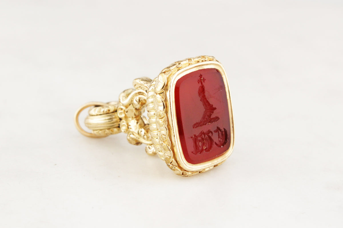 ANTIQUE VICTORIAN c1880 CARNELIAN INTAGLIO FOB SEAL 9ct GOLD