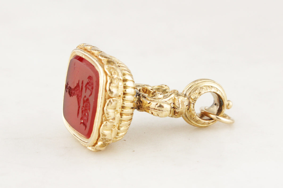 ANTIQUE VICTORIAN c1880 CARNELIAN INTAGLIO FOB SEAL 9ct GOLD