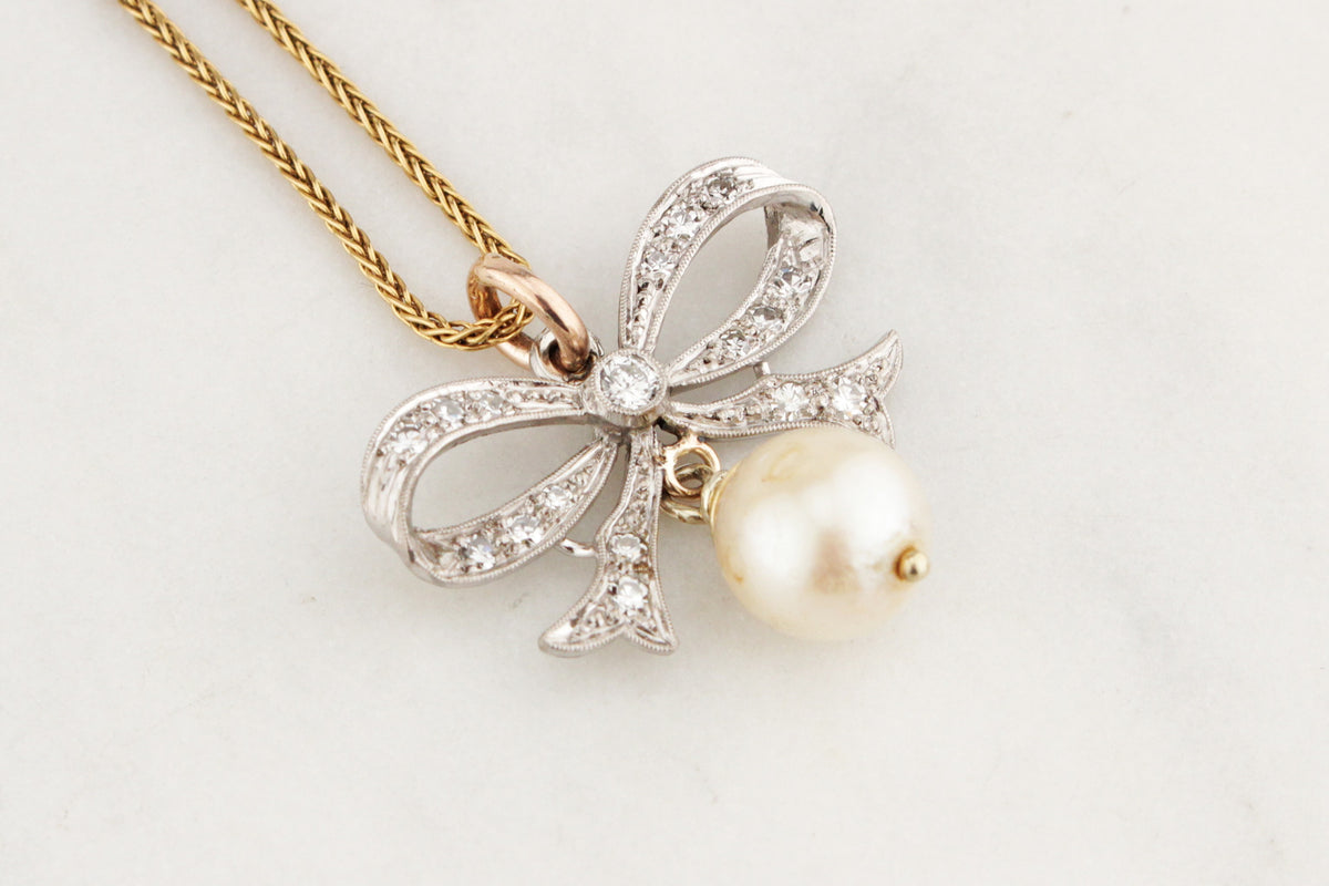 ANTIQUE EDWARDIAN DIAMOND &amp; PEARL BOW PENDANT 18ct GOLD