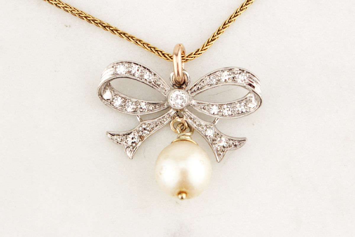 ANTIQUE EDWARDIAN DIAMOND &amp; PEARL BOW PENDANT 18ct GOLD