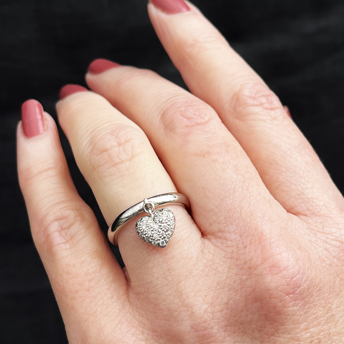 RETRO TIFFANY &amp; Co PAVE DIAMOND HEART CHARM RING PLATINUM