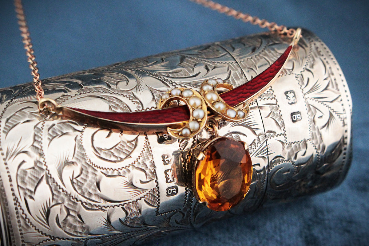 ANTIQUE SEED PEARL ENAMEL & CITRINE CRESCENT MOON NECKLACE 9ct GOLD