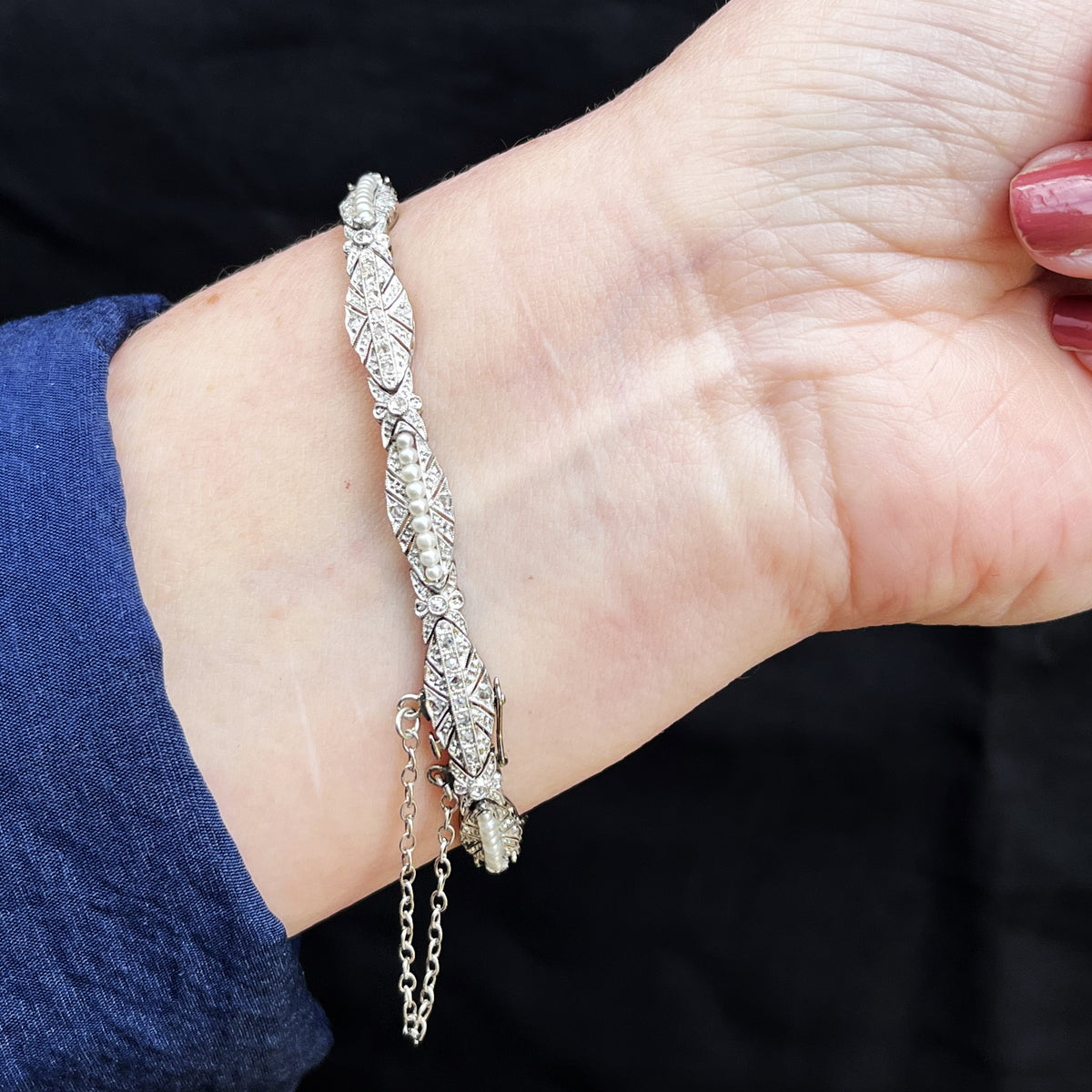 ART DECO DIAMOND &amp; PEARL BRACELET 9ct GOLD