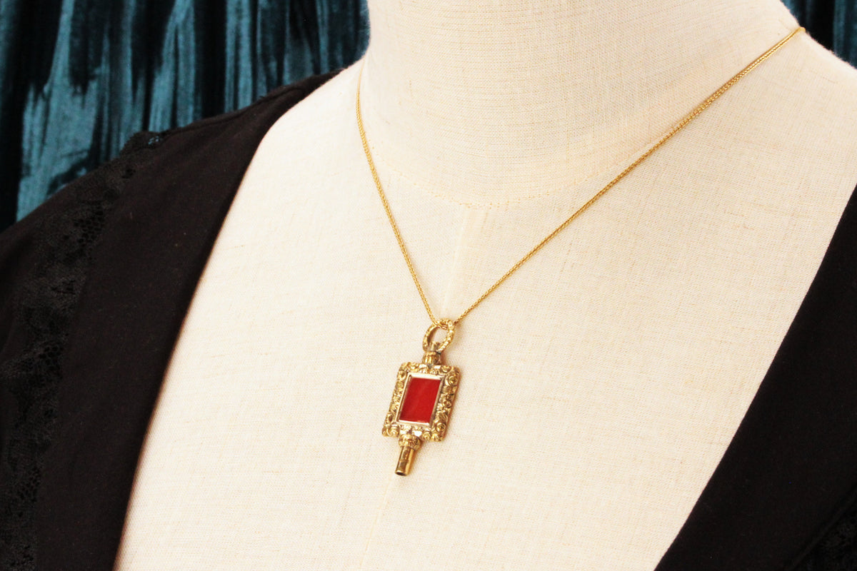 ANTIQUE VICTORIAN GILT CARNELIAN WATCH WINDER FOB