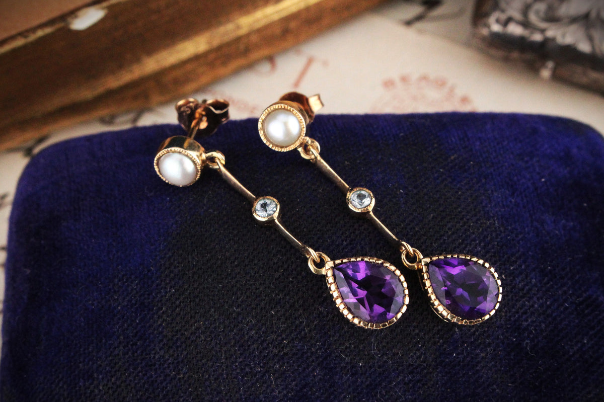 ANTIQUE EDWARDIAN PEARL, AMETHYST &amp; SPINEL EARRINGS 9CT GOLD