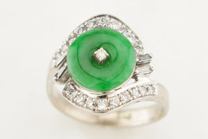 VINTAGE LATE DECO c1930/40 JADE & DIAMOND RING 14ct WHITE GOLD