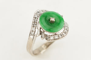 VINTAGE LATE DECO c1930/40 JADE & DIAMOND RING 14ct WHITE GOLD