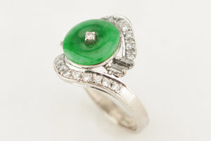 VINTAGE LATE DECO c1930/40 JADE & DIAMOND RING 14ct WHITE GOLD