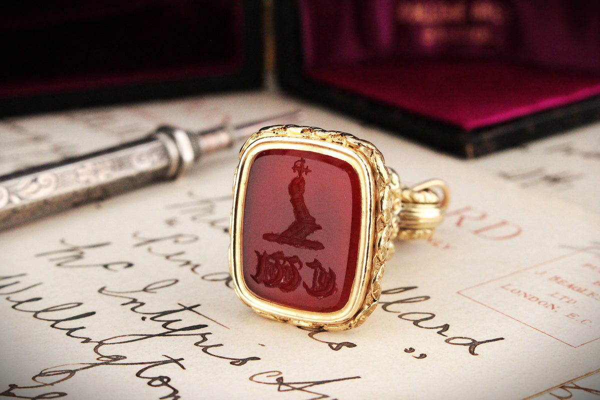 ANTIQUE VICTORIAN c1880 CARNELIAN INTAGLIO FOB SEAL 9ct GOLD