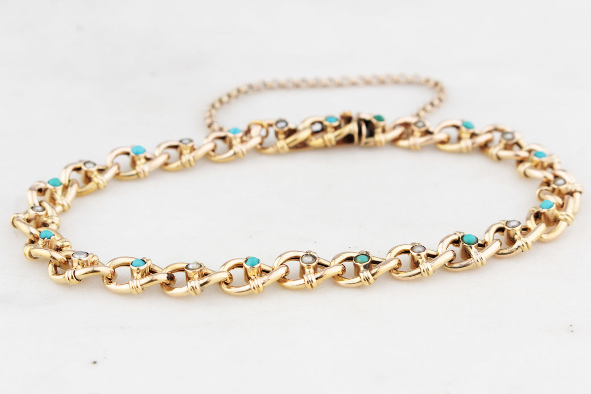 ANTIQUE VICTORIAN TURQUOISE & SEED PEARL BRACELET 9ct GOLD