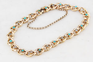 ANTIQUE VICTORIAN TURQUOISE & SEED PEARL BRACELET 9ct GOLD