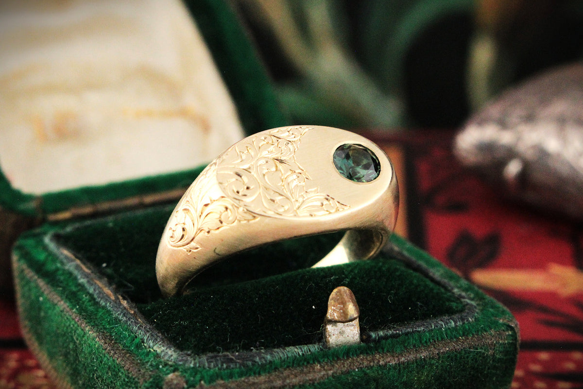 CUSTOM PARTI SAPPHIRE ETCHED SIGNET RING 9ct GOLD