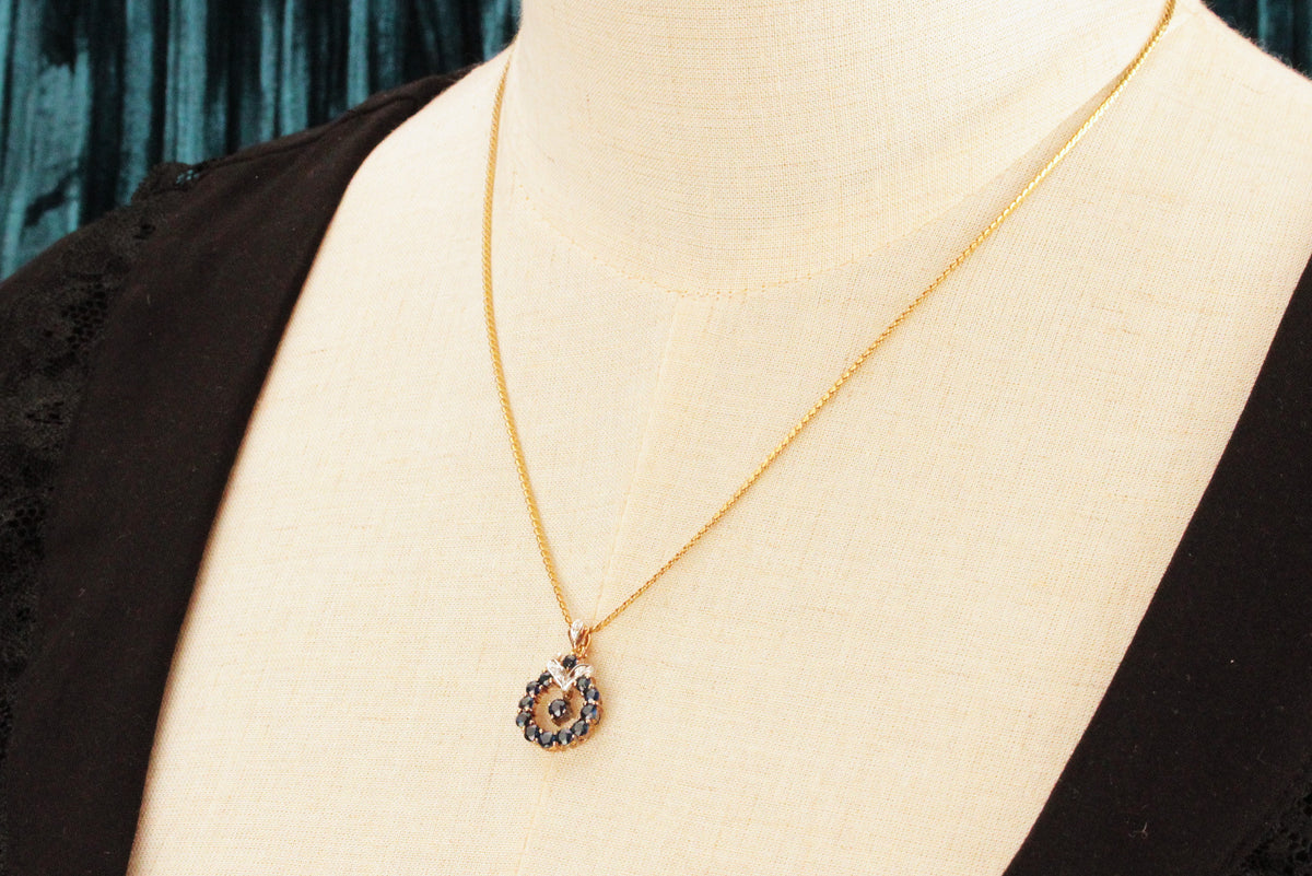 VINTAGE SAPPHIRE &amp; DIAMOND PENDANT ON CHAIN 14 &amp; 18ct GOLD