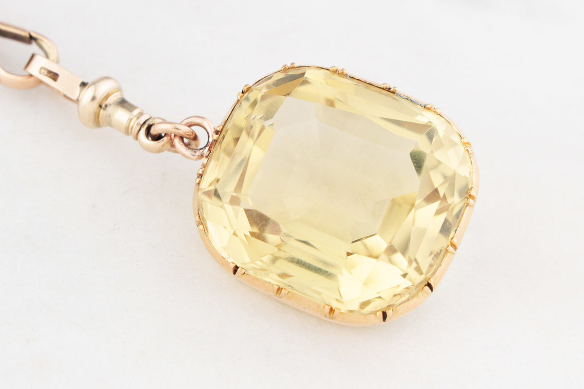 ANTIQUE VICTORIAN 53ct CITRINE PENDANT ON DOG CLIP 9ct GOLD