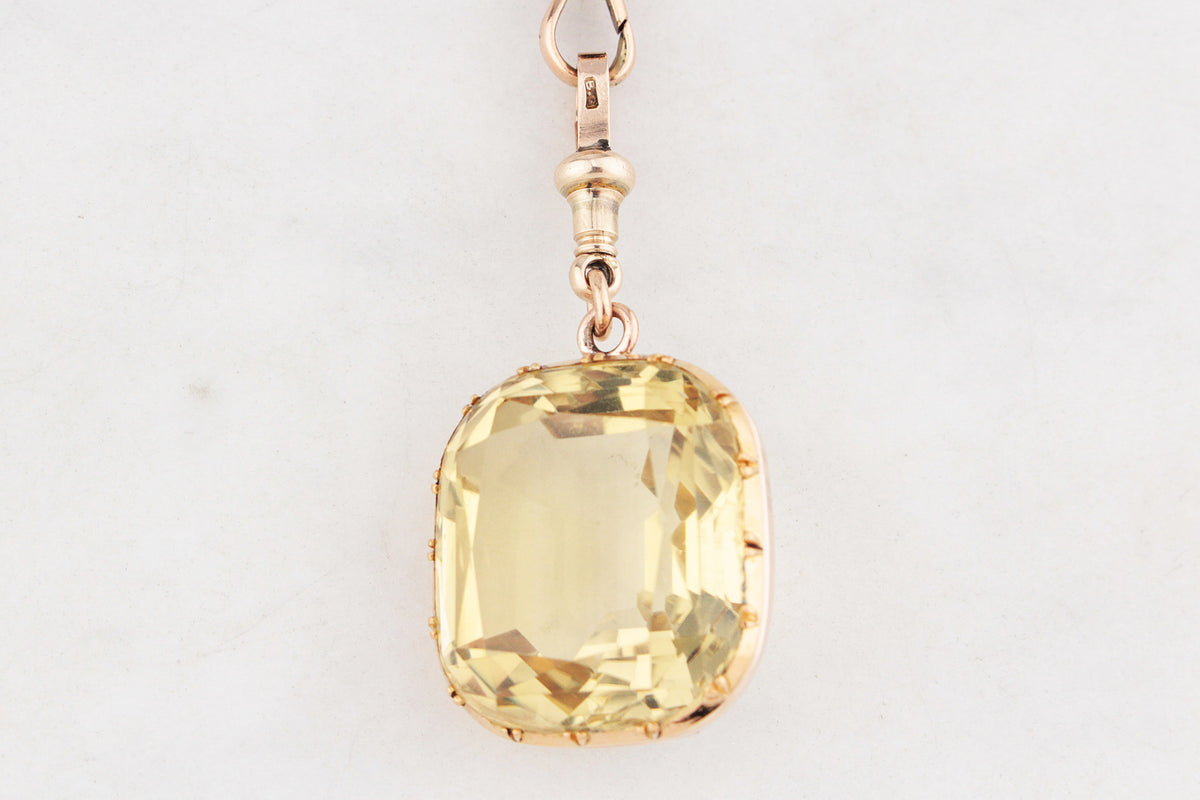 ANTIQUE VICTORIAN 53ct CITRINE PENDANT ON DOG CLIP 9ct GOLD