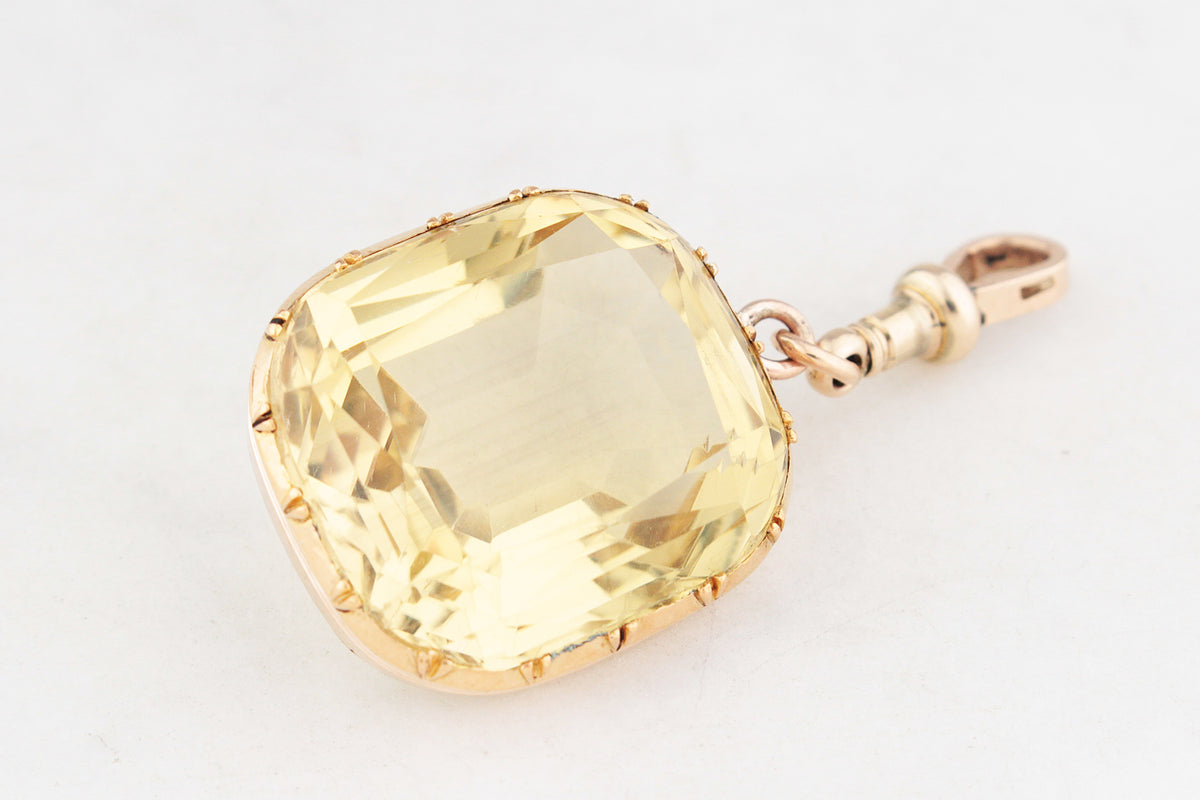 ANTIQUE VICTORIAN 53ct CITRINE PENDANT ON DOG CLIP 9ct GOLD