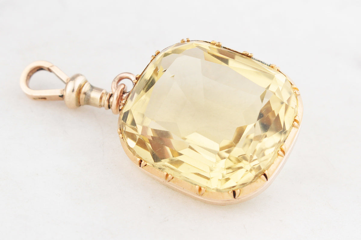 ANTIQUE VICTORIAN 53ct CITRINE PENDANT ON DOG CLIP 9ct GOLD