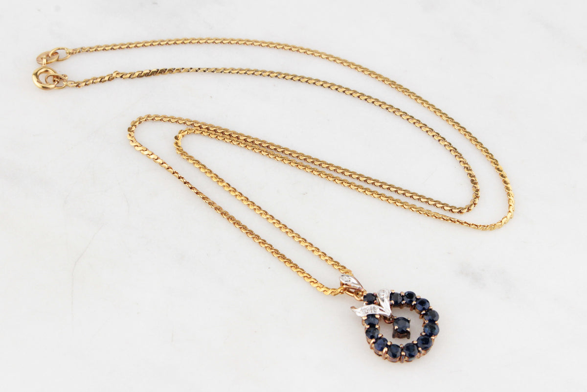 VINTAGE SAPPHIRE &amp; DIAMOND PENDANT ON CHAIN 14 &amp; 18ct GOLD