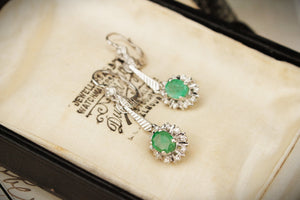 VINTAGE MID CENTURY c1950/60 EMERALD & DIAMOND EARRINGS 18ct WHITE GOLD