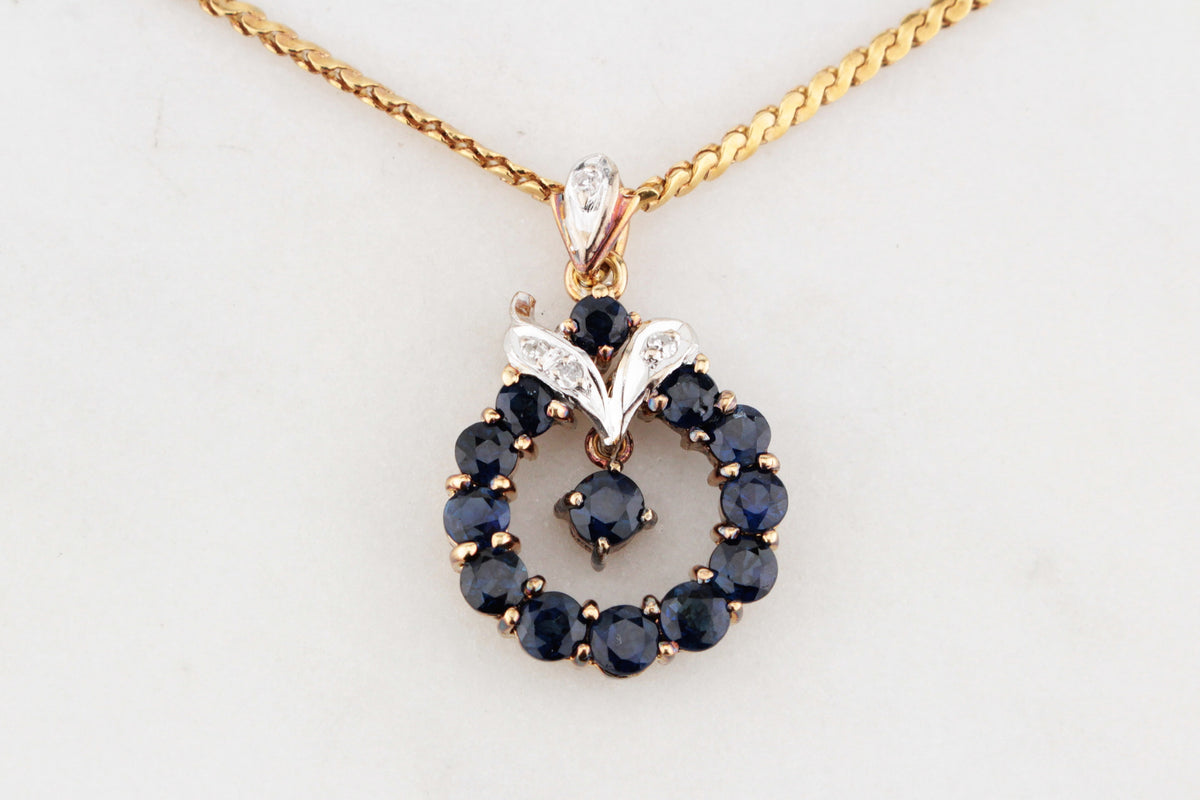 VINTAGE SAPPHIRE &amp; DIAMOND PENDANT ON CHAIN 14 &amp; 18ct GOLD
