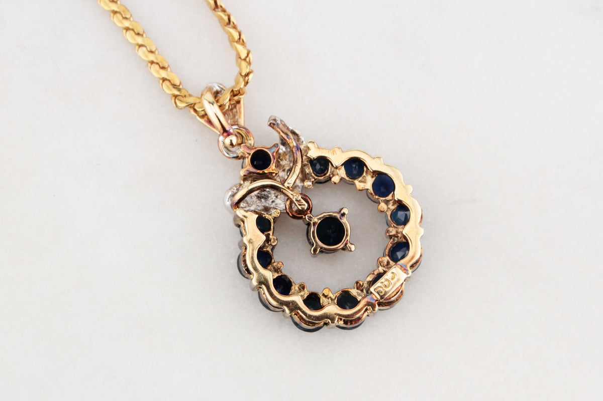 VINTAGE SAPPHIRE &amp; DIAMOND PENDANT ON CHAIN 14 &amp; 18ct GOLD