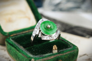 VINTAGE LATE DECO c1930/40 JADE & DIAMOND RING 14ct WHITE GOLD