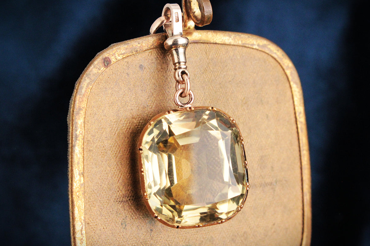 ANTIQUE VICTORIAN 53ct CITRINE PENDANT ON DOG CLIP 9ct GOLD