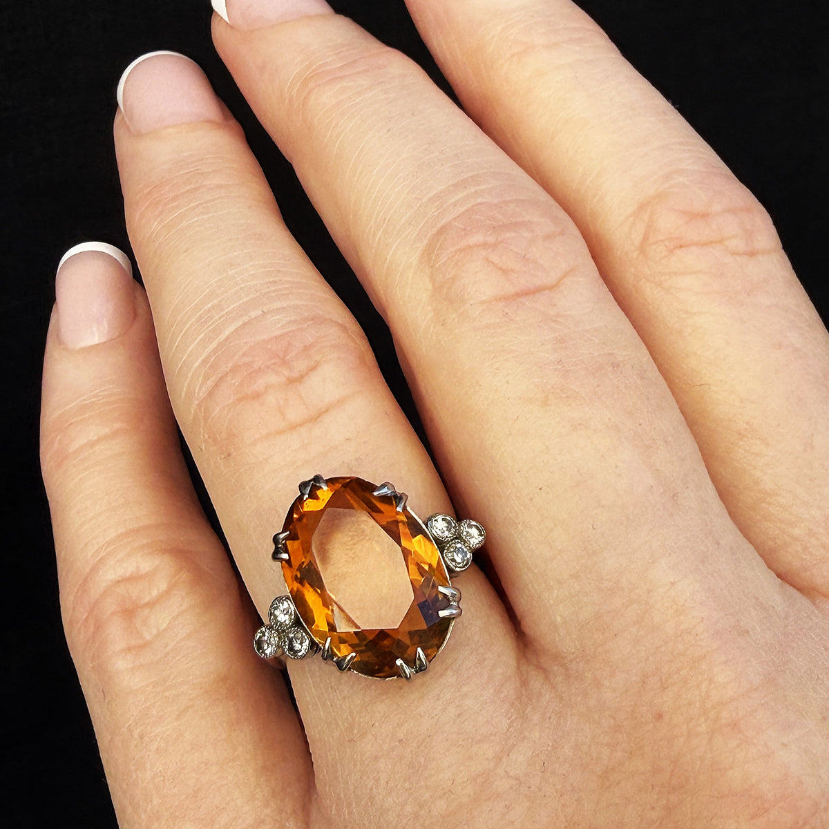 ANTIQUE ART DECO CITRINE & DIAMOND COCKTAIL RING 18ct GOLD