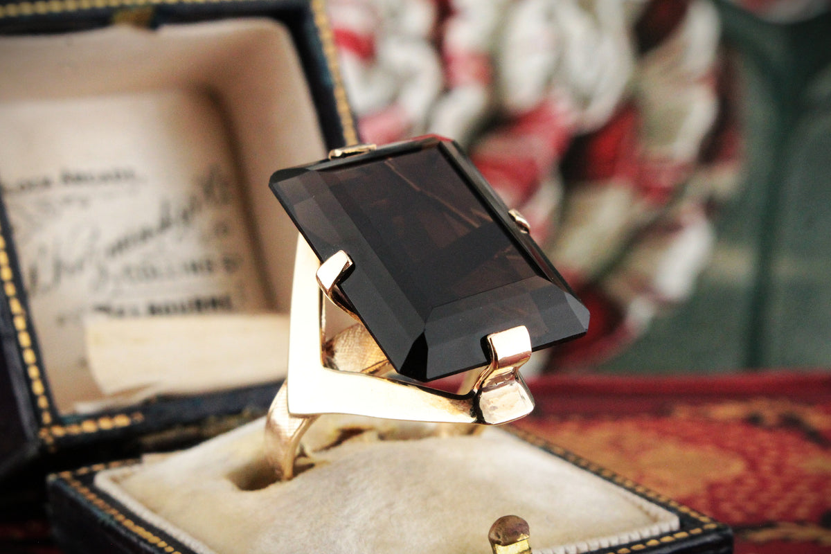 RETRO c1970 22.2ct SMOKY QUARTZ COCKTAIL RING 10ct GOLD